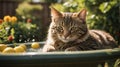 Tabby cat bathing in the sunny garden.