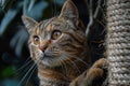 Tabby Cat Captivated by Outdoor View Near Scratching Post