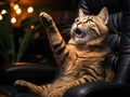 Tabby cat on chair reaching for mouse with camera