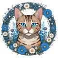 Tabby cat in circle of flowers Royalty Free Stock Photo