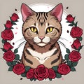 Tabby cat in circle of roses Royalty Free Stock Photo