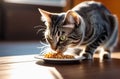 The cat eats food from a white plate at home