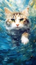 A Tabby Cat Enjoying a Swim in the Water in Anime Art Style .