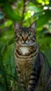 Tabby cat enjoys outdoor freedom, basking in natural surroundings