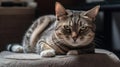 A tabby cat grooming itself while laying on a cushion created with Generative AI