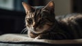 A tabby cat grooming itself while laying on a cushion created with Generative AI