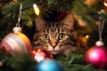 Tabby cat hiding in Christmas tree between colorful baubles