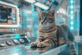 Tabby cat on a high-tech control console in a futuristic laboratory Royalty Free Stock Photo