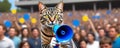 a tabby cat holding a red megaphone, crazy cat takes charge with megaphone Royalty Free Stock Photo