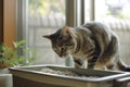 Tabby Cat Examining Litter Box by Window Royalty Free Stock Photo