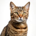 Tabby Cat isolated on white background, British cat, AI generated shot, half profile of a tabby cat