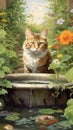 smooth painting style of a cat and a water feature in a pond, flower garden in background Royalty Free Stock Photo