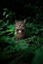 tabby cat outdoors amid green plants and lush foliage Royalty Free Stock Photo
