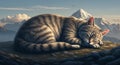 A tabby cat is peacefully sleeping on a rocky ledge. In the background, there\'s a snow- Royalty Free Stock Photo