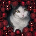 Tabby cat peeking curoius through a red Christmas wreath. Royalty Free Stock Photo
