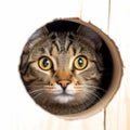 a tabby cat peeks out of a hole in a wooden wall