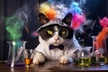 tabby cat perched in front of a science-related collection of items and bright bursts of color