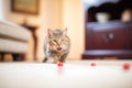 tabby cat pouncing on a red dot on a beige carpet