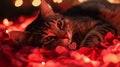 Tabby Cat Resting Amidst Red Rose Petals Royalty Free Stock Photo