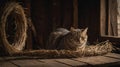 Rustic Barn Cat: Tabby Feline Amidst Hay Wreath on Wooden Table Royalty Free Stock Photo