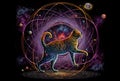 Tabby cat ruling the universe in a sacred geometry mandala