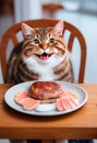 A tabby cat sits in front of a plate of bacon and smiles mischievously. AI Generated