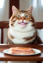 A tabby cat sits in front of a plate of bacon and smiles mischievously. AI Generated