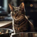 Tabby cat sitting in front of a bowl of food