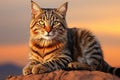 a tabby cat sitting on top of a rock Royalty Free Stock Photo