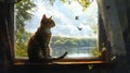 Tabby cat sitting on windowsill, watching birds fly over calm lake Royalty Free Stock Photo