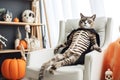 A tabby cat in a skeleton costume sits in a human pose on a white armchair in a decorated interior