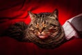 Tabby cat sleeping on red Royalty Free Stock Photo