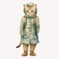 Cute And Happy Kitty In Coat And Boots Watercolor Illustration