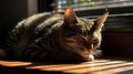 A Tabby cat taking a nap on a sunny windowsill created with Generative AI
