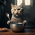 Tabby Cat Wearing a Blue Bib Sitting at the Table Ready for a Meal