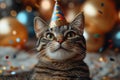 Tabby cat wearing party hat, confetti Royalty Free Stock Photo