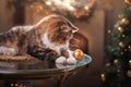 Tabby and happy cat. Christmas season 2017, new year, holidays and celebration Royalty Free Stock Photo