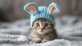 Tabby Kitten in Blue Knitted Hat