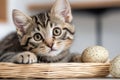 Tabby kitten lying in basket and looking with easter eggs Royalty Free Stock Photo
