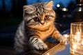 Tabby kitten mesmerized by flickering candle on cozy table in dim room Royalty Free Stock Photo