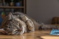 Tabby tired cat at the table