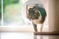 cat entering room by passing through cat flap in window Royalty Free Stock Photo