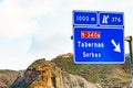 Tabernas desert landscape and road sign, Spain Royalty Free Stock Photo