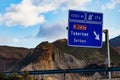 Tabernas desert landscape and road sign, Spain Royalty Free Stock Photo