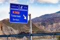 Tabernas desert landscape and road sign, Spain Royalty Free Stock Photo