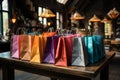 Table adorned with an array of vibrant paper bags, adding lively charm