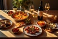 A table adorned with an assortment of delectable dishes and glasses of wine, ready to be enjoyed, A table spread of Spanish tapas