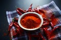 Table adorned with chili powder and red peppers, a fiery display
