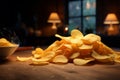 Table adorned with a closeup shot of a stack of potato chips