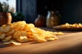Table adorned with a closeup shot of a stack of potato chips